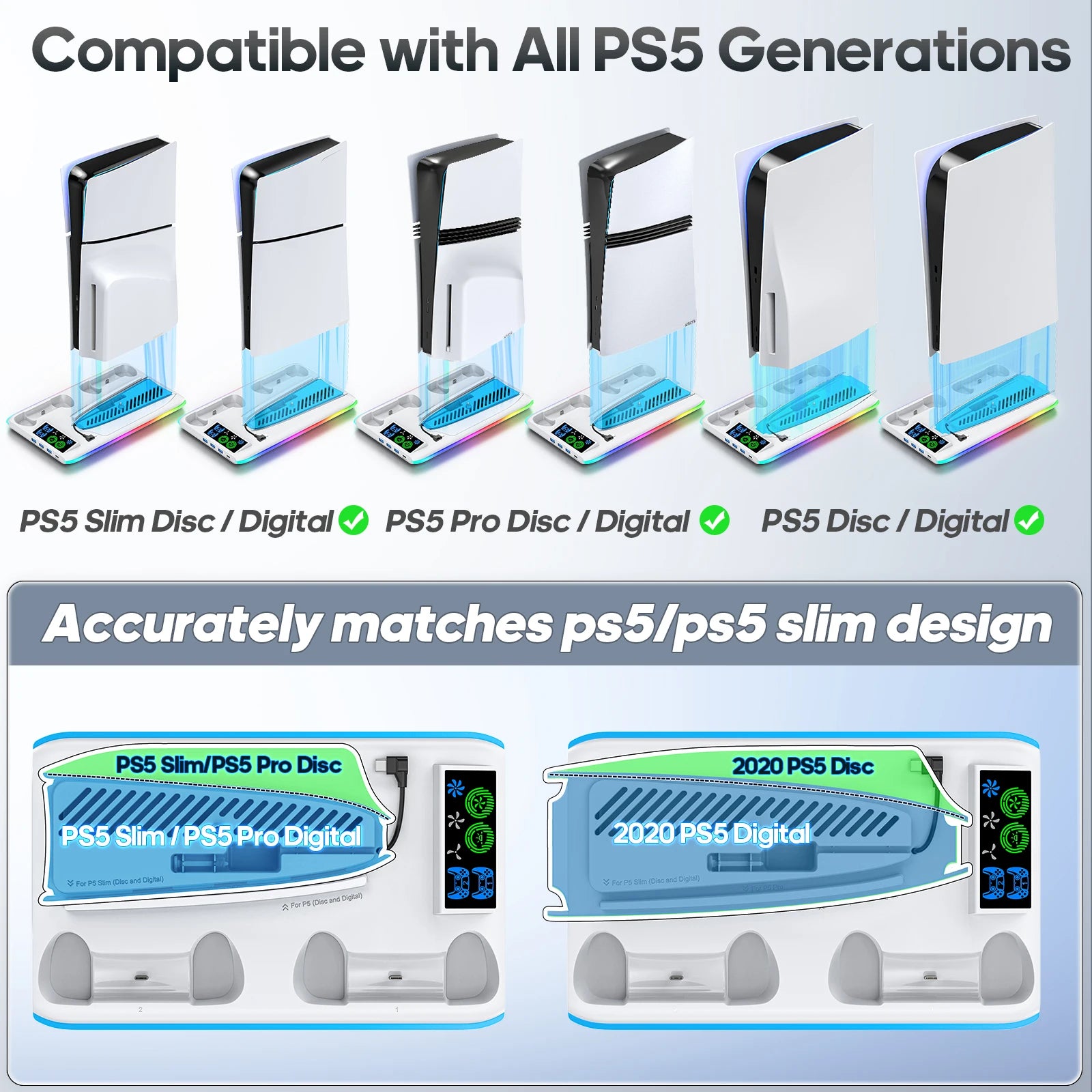 Support multifonction pour PS5/PS5 Slim/PS5 Pro avec refroidissement et station de charge