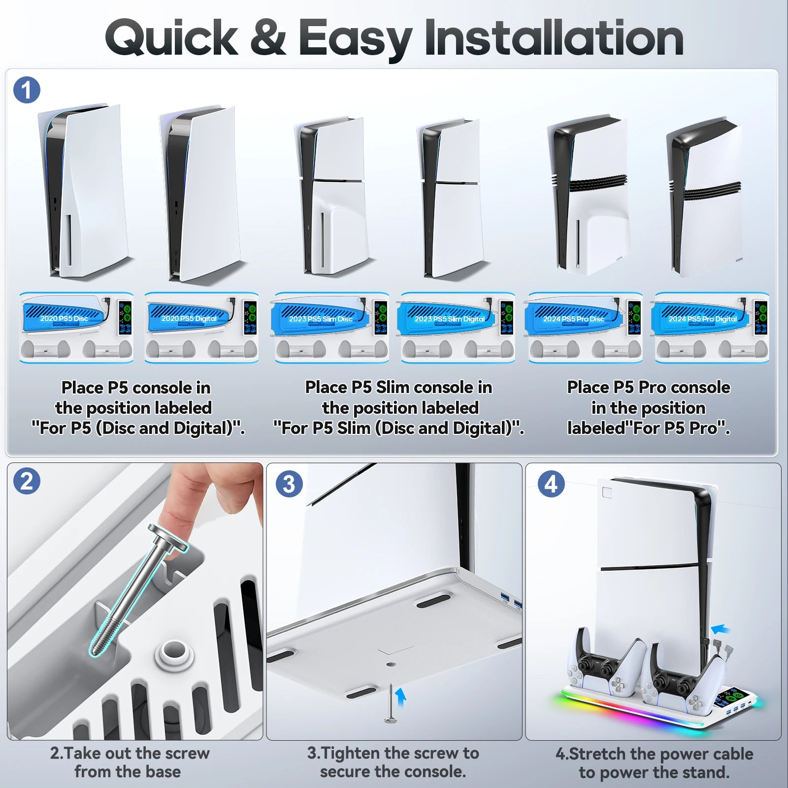 Support multifonction pour PS5/PS5 Slim/PS5 Pro avec refroidissement et station de charge